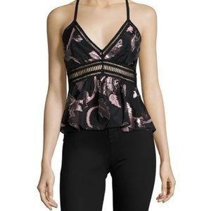 Rebecca Taylor Metallic Pink Camellia Floral Peplum Open Back Tank Top